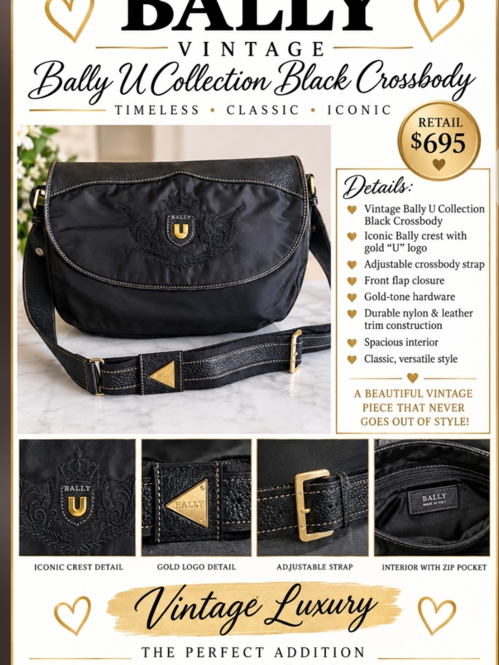Bally Black Nylon & Leather Trim Messenger Bag with Gold Accents
